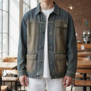 Enyce Men's Faded denim worker jacket with four front pockets.